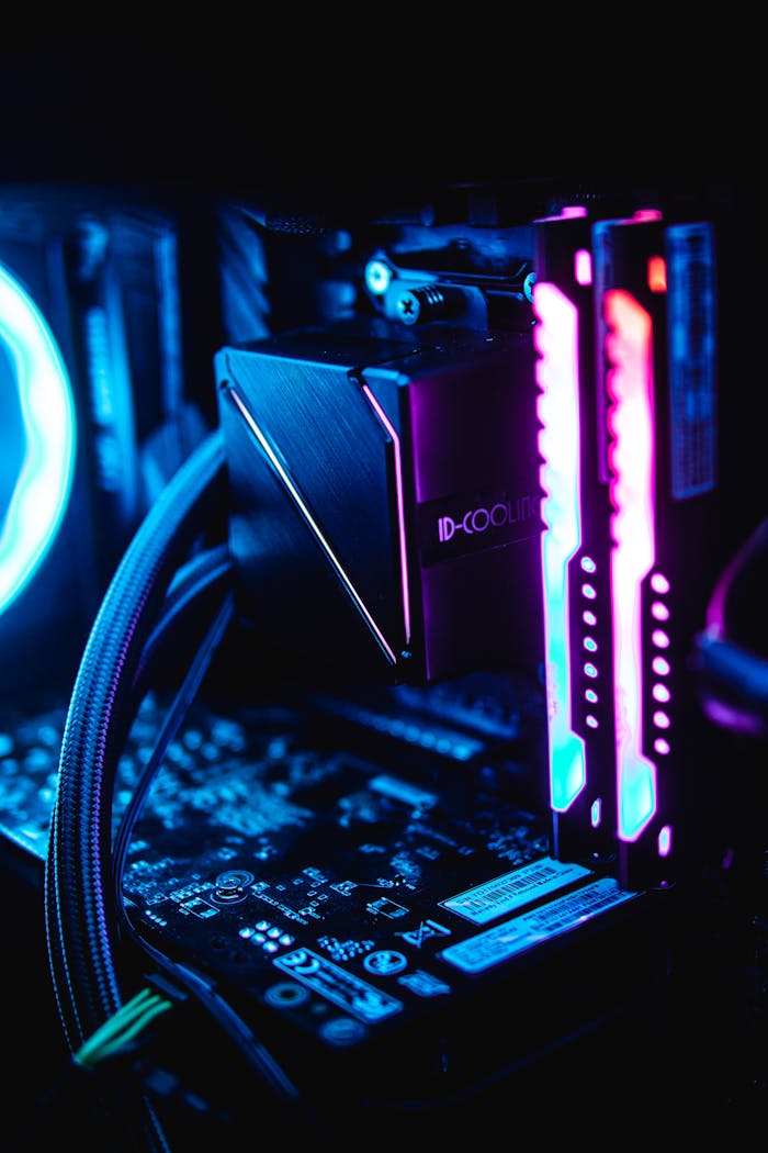 our-services-3 Close-up of RGB-lit PC components showcasing vibrant blue and pink hues in a dark setup.