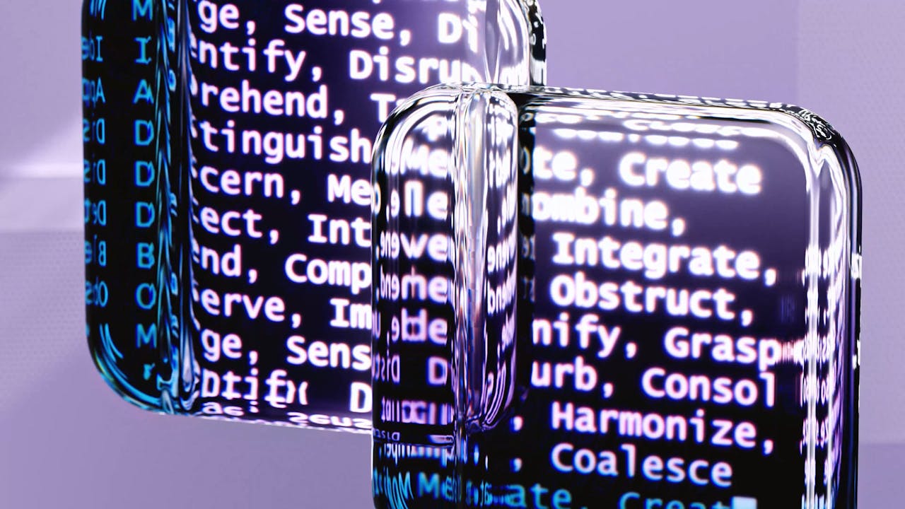 gallery-2 Abstract glass surfaces reflecting digital text create a mysterious tech ambiance.
