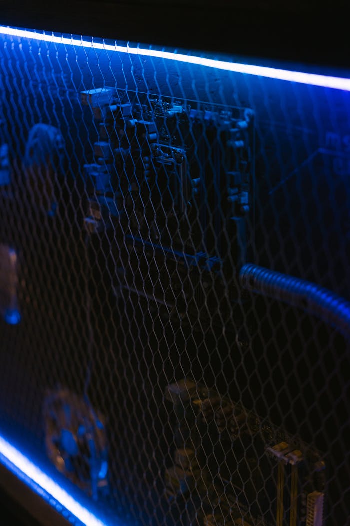gallery-1 Detailed view of a computer setup with neon lighting highlighting its internal components.