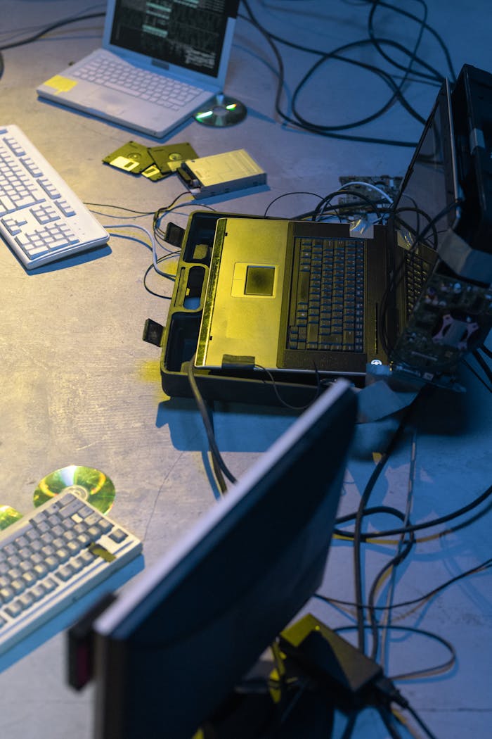 services-img Cyberpunk-themed setup with laptops, keyboards, wires, and retro tech items in a dim room.